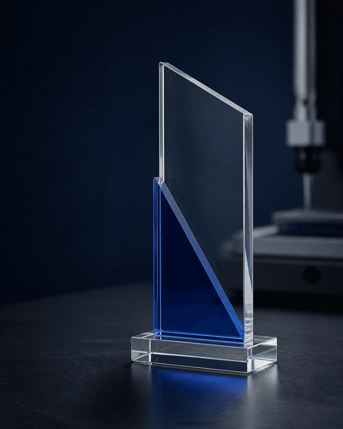 Custom clear acrylic recognition award with cobalt-blue inlay
