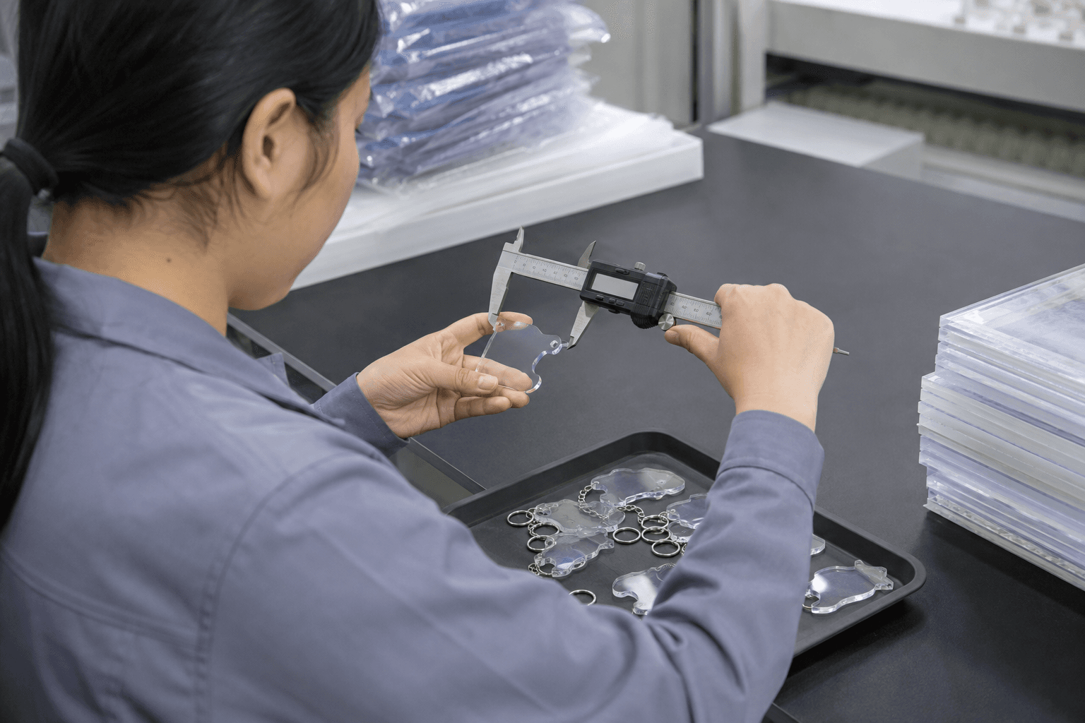 Asian factory quality technician measuring an acrylic keychain with a digital caliper